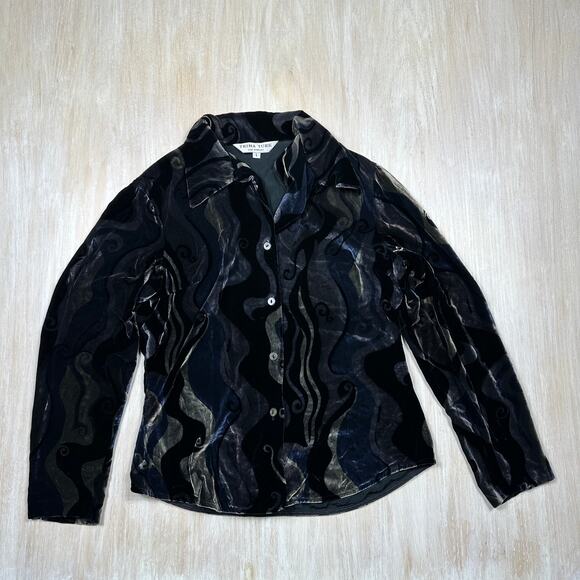 Trina Turk Black Burnout Velvet Swirl Pattern Long Sleeve Button Front Blouse L - Picture 1 of 11